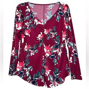 💥2/$15 Evri burgundy pink green navy floral print long sleeve popover top 1X